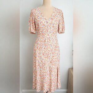 Rails Shelley Floral Midi Dress – Puff Sleeve V-Neck – Side Slit – Size M